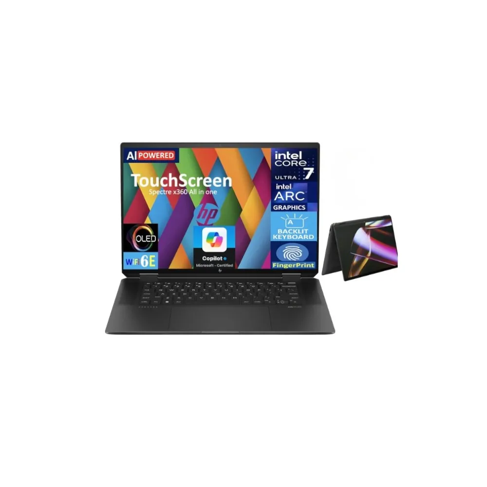 HP Spectre x360 16 premium 2-in-1 laptop in a sophisticated Nightfall Black or Slate Blue finish with gem-cut accents, featuring a 16-inch 2.8K or 4K OLED multitouch display, a 360-degree geared hinge, a high-resolution 9MP AI camera, and a sleek ultra-slim profile, available at TechHub Computers Nairobi.