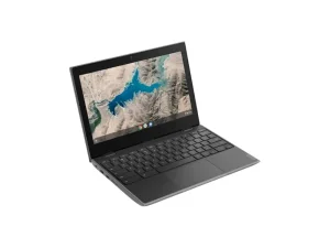 Lenovo 100e Chromebook Gen 2 rugged student laptop in a durable matte black finish, featuring reinforced hinges, rubberized bumpers for drop protection, and a compact 11.6-inch anti-glare display, available at TechHub Computers Nairobi.