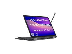 Lenovo ThinkPad X13 Yoga Gen 4 2-in-1 executive laptop in Deep Black, showing the 360-degree hinge, a 13.3-inch 16:10 WUXGA touchscreen with low blue light, an integrated rechargeable pen, and a sleek, military-grade durable chassis, available at TechHub Computers Nairobi.