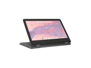 Lenovo 300e Yoga Chromebook Gen 4 2-in-1 laptop in a durable Graphite Grey finish, showcasing its 360-degree hinge, 11.6-inch reinforced touchscreen, and top-facing world-facing camera, available at TechHub Computers Nairobi.