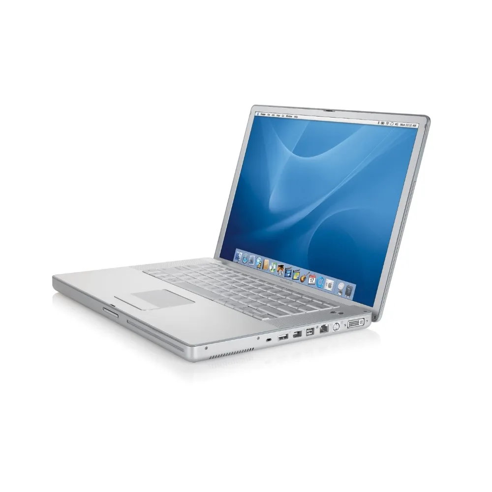 Vintage Apple PowerBook G4 17-inch (A1052) featuring the expansive widescreen display, aluminum unibody design, illuminated keyboard, and the front-loading SuperDrive, available at TechHub Computers Nairobi.
