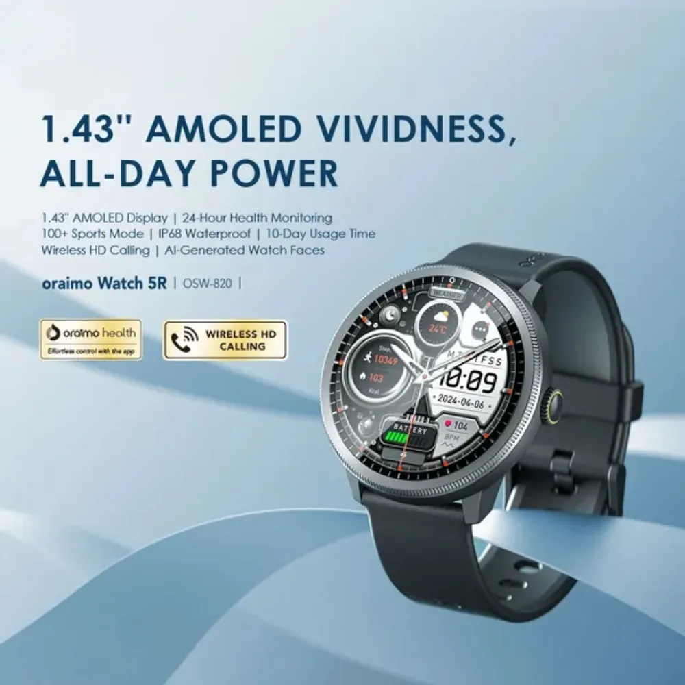 oraimo Watch 5R (OSW-820) 1.43-inch AMOLED Smartwatch with Wireless HD Calling and 10-Day Battery - Techhub Computers Nairobi