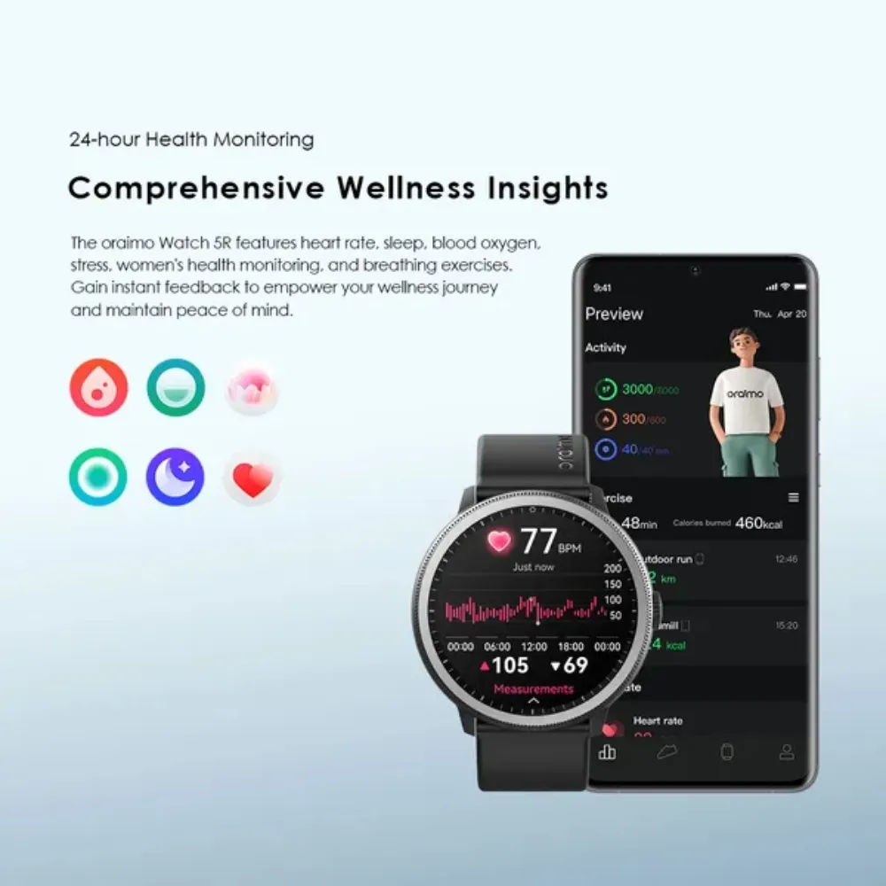 oraimo Watch 5R (OSW-820) 1.43-inch AMOLED Smartwatch with Wireless HD Calling and 10-Day Battery - Techhub Computers Nairobi