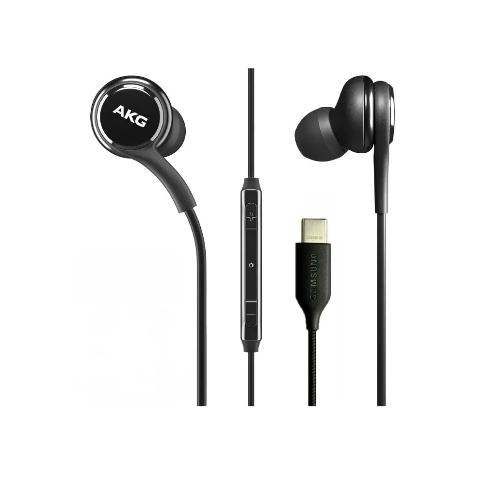 Original Samsung USB Type-C earphones in a sleek black finish, featuring AKG-tuned dual-way speakers, a fabric-braided tangle-free cable, an in-line remote with microphone, and a premium ergonomic earbud design, available at TechHub Computers Nairobi.