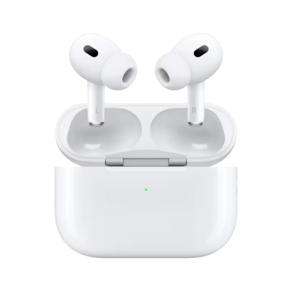 Original Apple MagSafe Charging Case for AirPods Pro in a glossy white finish, featuring the magnetic alignment system, front LED status light, and Lightning connector port, available at TechHub Computers Nairobi.