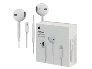 Original Apple EarPods featuring the signature white ergonomic earbud design and a built-in remote with Lightning connector, available at TechHub Computers Nairobi.