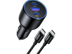 Baseus Golden Contactor Pro 65W triple fast car charger with dual USB-C ports, one USB-A port, and circular LED ambient light available at TechHub Computers Nairobi.