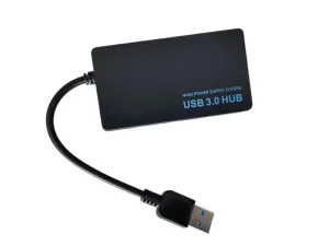 Ultra-thin 4-port USB 3.0 high-speed expansion hub in a sleek black finish with an integrated cable, available at TechHub Computers Nairobi.