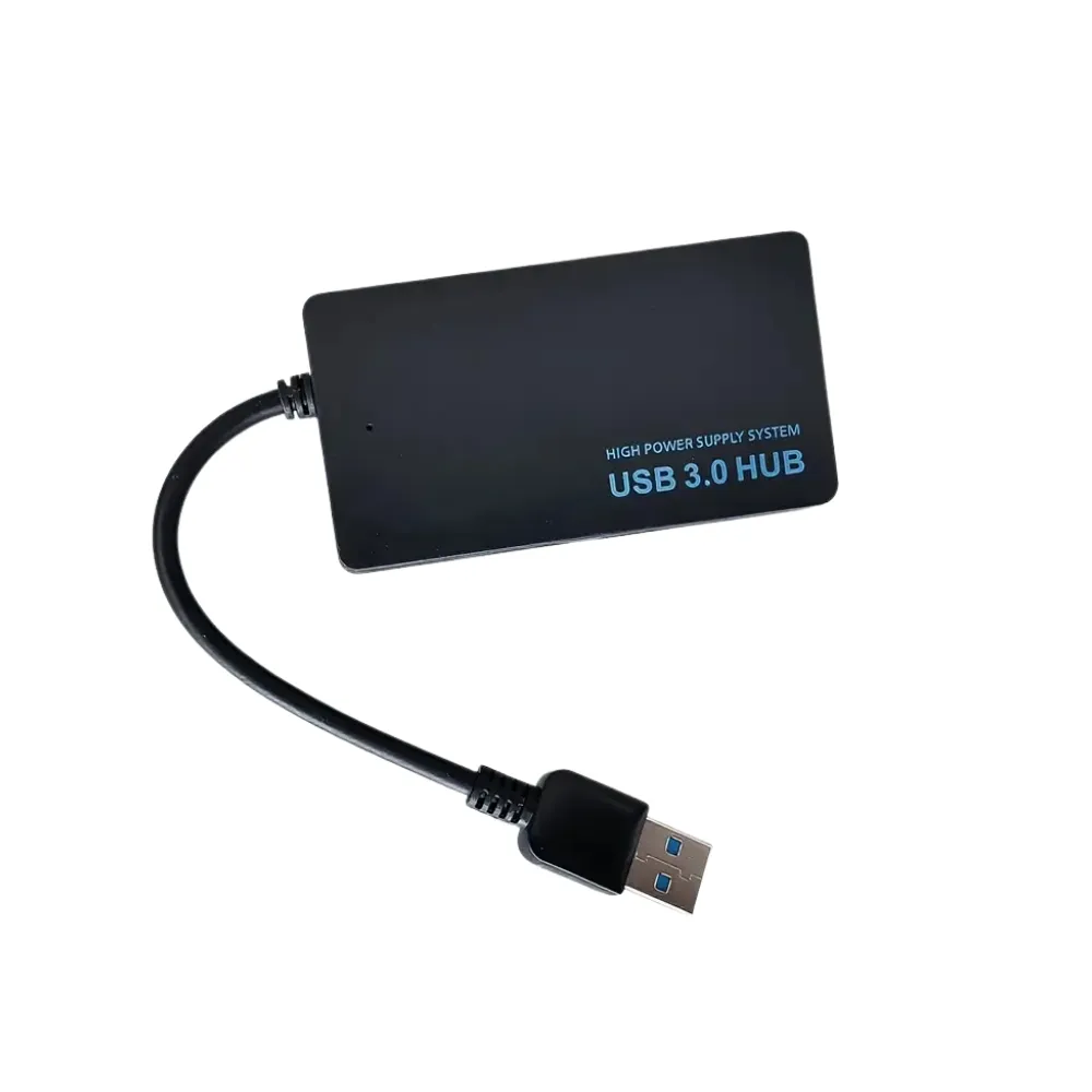 Ultra-thin 4-port USB 3.0 high-speed expansion hub in a sleek black finish with an integrated cable, available at TechHub Computers Nairobi.