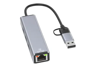 Airsky 2-in-1 Ethernet adapter featuring both USB-C and USB-A male connectors to an RJ45 female Gigabit port available at TechHub Computers Nairobi.