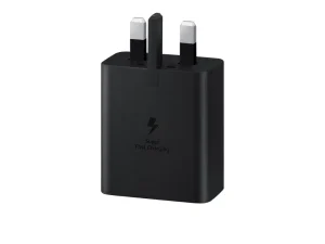 Official Samsung 45W USB-C Super Fast Charging 2.0 wall charger in black with matte finish and 5A USB-C to USB-C cable available at TechHub Computers Nairobi.
