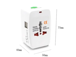 Universal worldwide travel adapter with sliding plug selectors for UK, US, EU, and AU sockets plus integrated safety shutters available at TechHub Computers Nairobi.