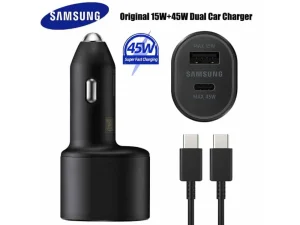 Samsung EP-L5300 dual port car charger with 45W USB-C port and 15W USB-A port in sleek black finish available at TechHub Computers Nairobi.