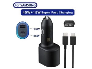 Samsung EP-L5300 dual port car charger with 45W USB-C port and 15W USB-A port in sleek black finish available at TechHub Computers Nairobi.