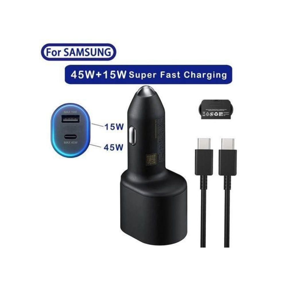 Samsung EP-L5300 dual port car charger with 45W USB-C port and 15W USB-A port in sleek black finish available at TechHub Computers Nairobi.
