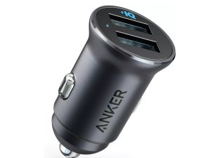 Anker Ultra-Compact dual-port car charger in black with a carbon-fiber finish and blue LED ring, available at TechHub Computers Nairobi.