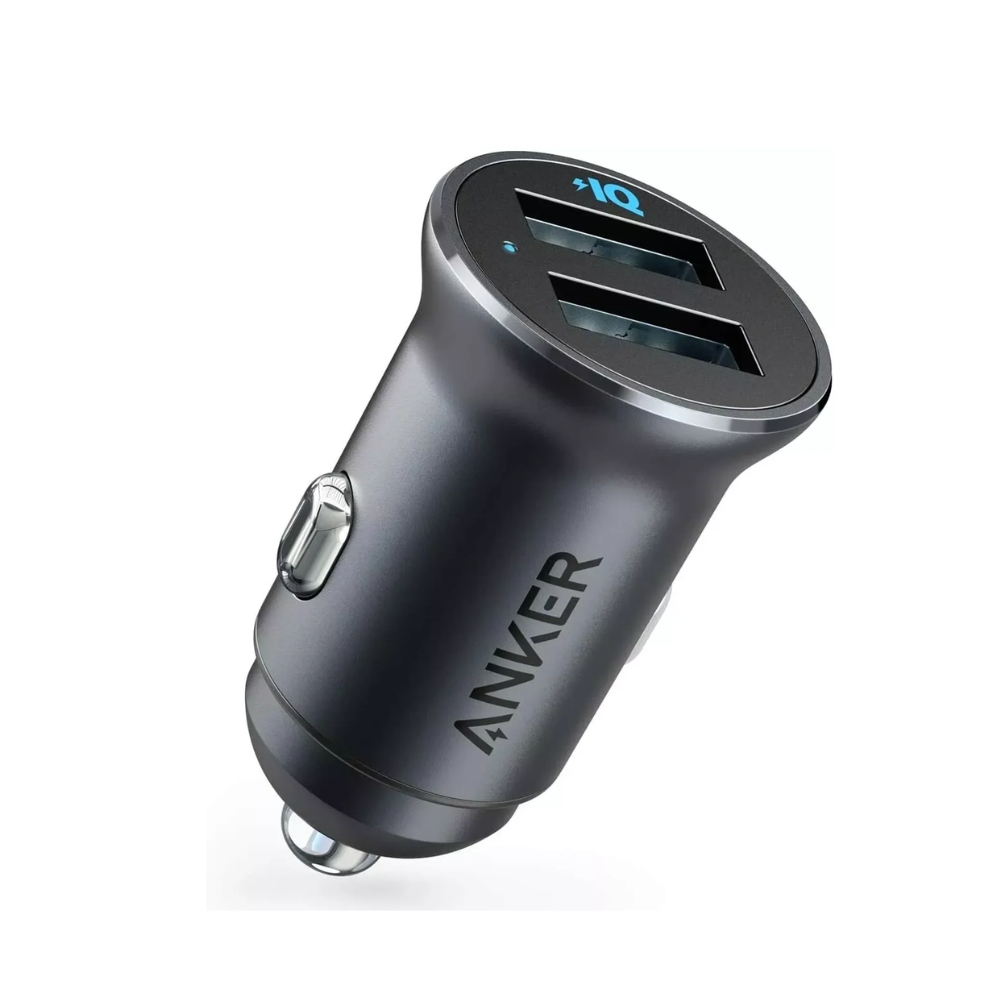 Anker Ultra-Compact dual-port car charger in black with a carbon-fiber finish and blue LED ring, available at TechHub Computers Nairobi.