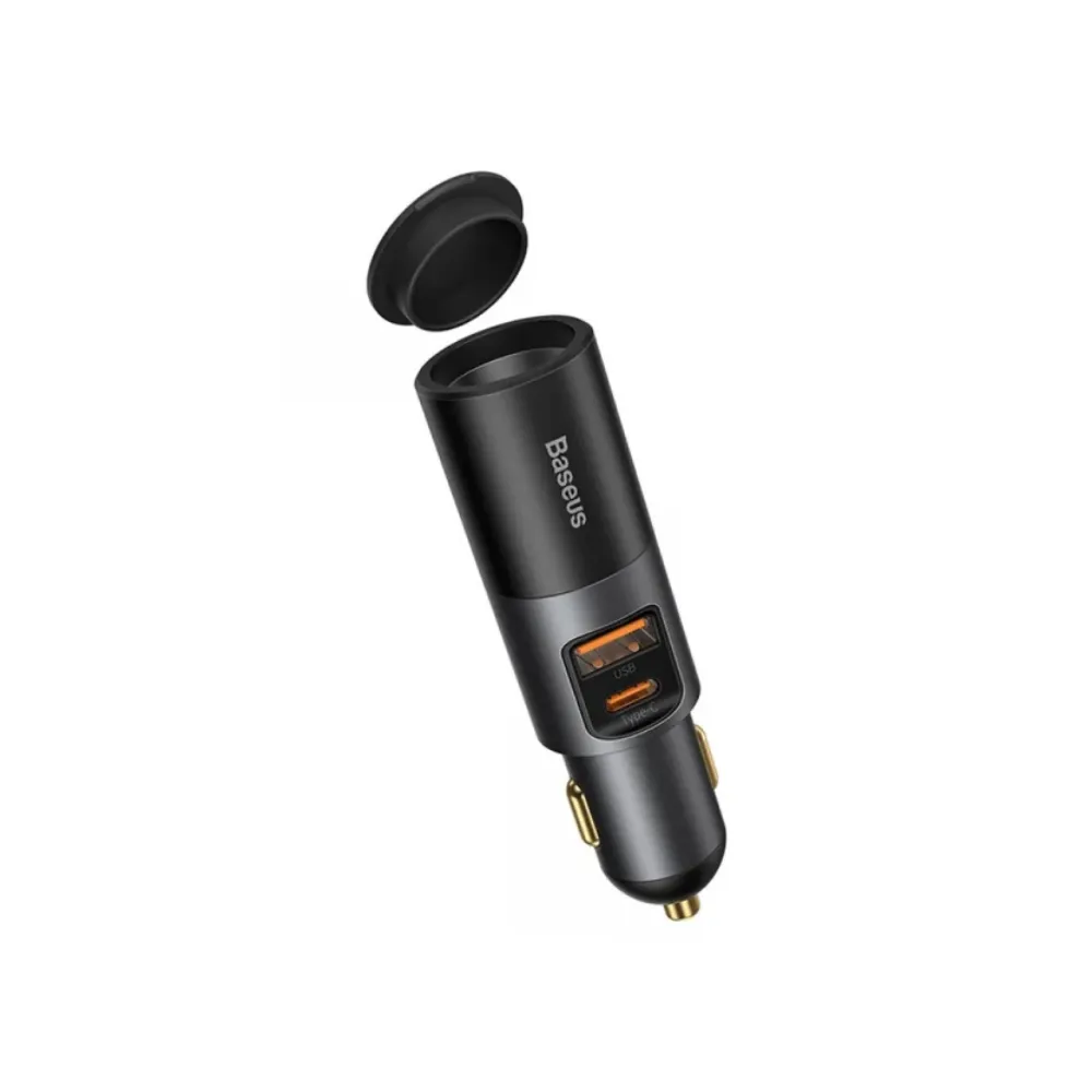 Baseus 120W car charger featuring 30W USB-A port, 30W USB-C port, and a 60W expansion cigarette lighter socket available at TechHub Computers Nairobi.