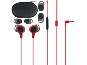HyperX Cloud Earbuds II in signature red/black finish, featuring a low-profile 90-degree plug, tangle-free flat cable, and four sizes of ergonomic silicone ear tips, available at TechHub Computers Nairobi.