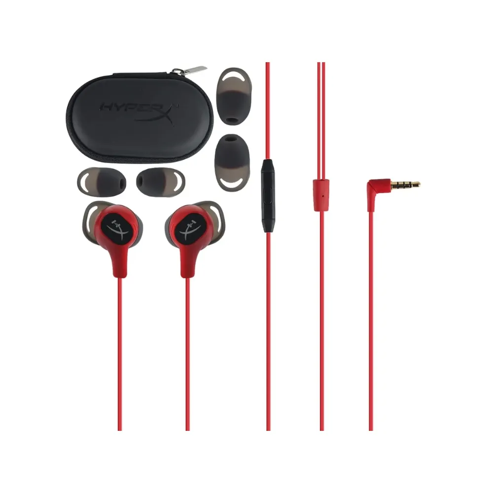 HyperX Cloud Earbuds II in signature red/black finish, featuring a low-profile 90-degree plug, tangle-free flat cable, and four sizes of ergonomic silicone ear tips, available at TechHub Computers Nairobi.