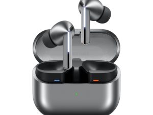 Samsung Galaxy Buds3 Pro in Silver featuring the new stem design with LED 'Blade Lights', an translucent lid charging case, and high-performance silicone ear tips, available at TechHub Computers Nairobi.