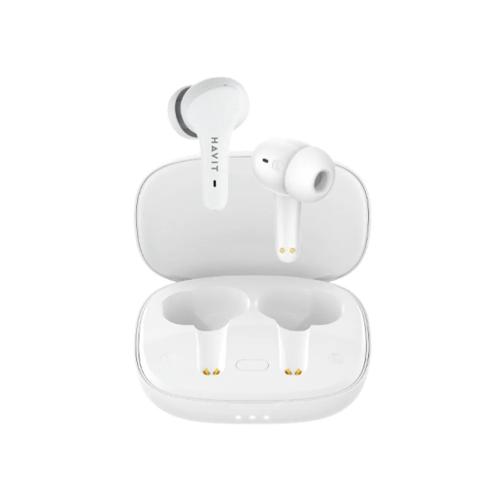 Havit TW959 true wireless earbuds with a compact matte-finish charging case, featuring an ergonomic semi-in-ear design and touch controls, available at TechHub Computers Nairobi.