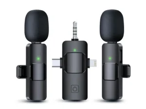 Compact wireless lavalier microphone system featuring a clip-on transmitter and a universal receiver with multiple connectors, available at TechHub Computers Nairobi.