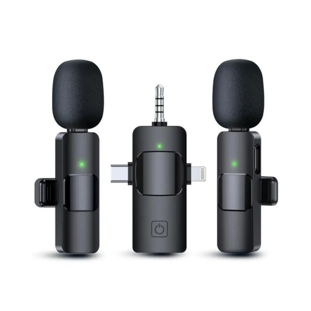 Compact wireless lavalier microphone system featuring a clip-on transmitter and a universal receiver with multiple connectors, available at TechHub Computers Nairobi.