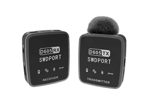 D605 2.4G Duplex Digital Wireless Microphone system featuring a compact transmitter and receiver with clip-on design and status LED indicators, available at TechHub Computers Nairobi.