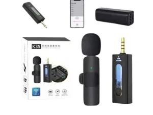 K35 wireless microphone set featuring a clip-on transmitter and a 3.5mm auxiliary receiver with an integrated power button and LED indicator, available at TechHub Computers Nairobi.