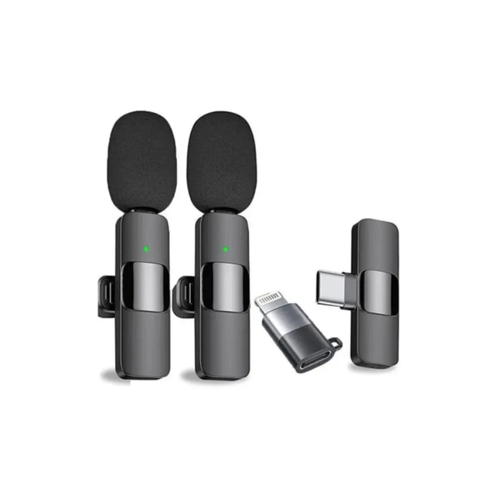 Green Lion 3-in-1 wireless microphone system showing the transmitter and the multi-connector receiver (Lightning, Type-C, and 3.5mm) in a premium black finish, available at TechHub Computers Nairobi.