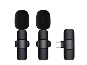 K8 Wireless Microphone set featuring a mini clip-on transmitter with a built-in microphone and a small plug-in receiver for mobile devices, available at TechHub Computers Nairobi.