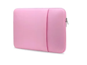Pink neoprene laptop sleeve with front storage pocket and dual zippers for 13-14 inch laptops.
