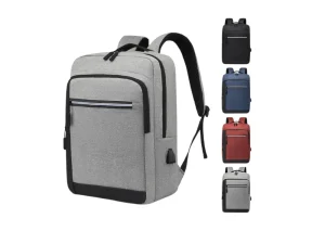 Professional grey laptop backpack with multiple zippered compartments and an external USB charging port.