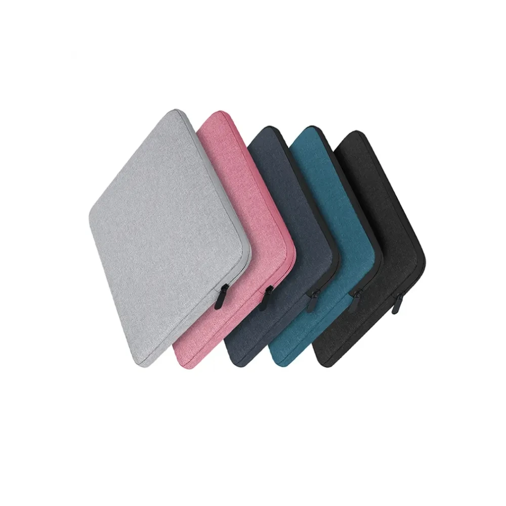 Five assorted colors of slim padded laptop sleeves including Grey, Pink, Navy, Teal, and Black.