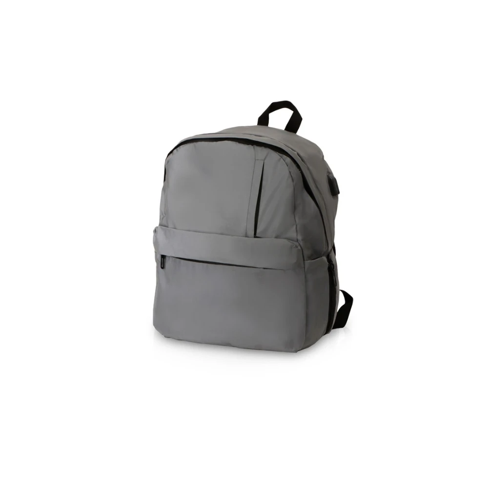Silver reflective high-visibility laptop backpack with a minimalist design and integrated USB charging port.